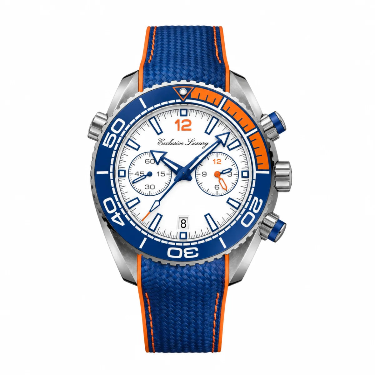 Ocean Diver Chrono 45 – White Dial With Blue & Orange Accents | Stainless Steel Bracelet — Exclusive Luxury