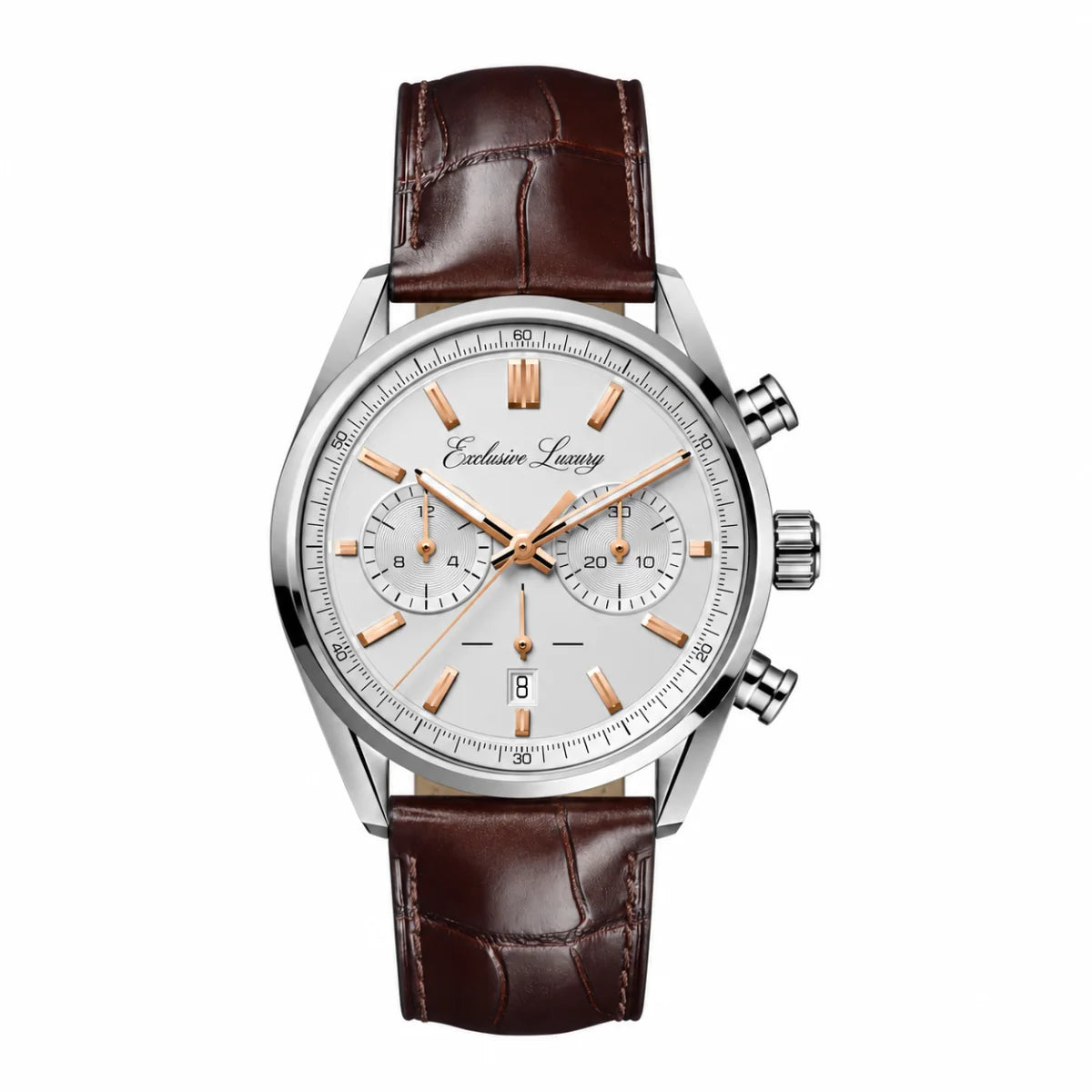 Classic Racing Chrono – Silver & Rose Gold | Brown Leather Strap — Exclusive Luxury