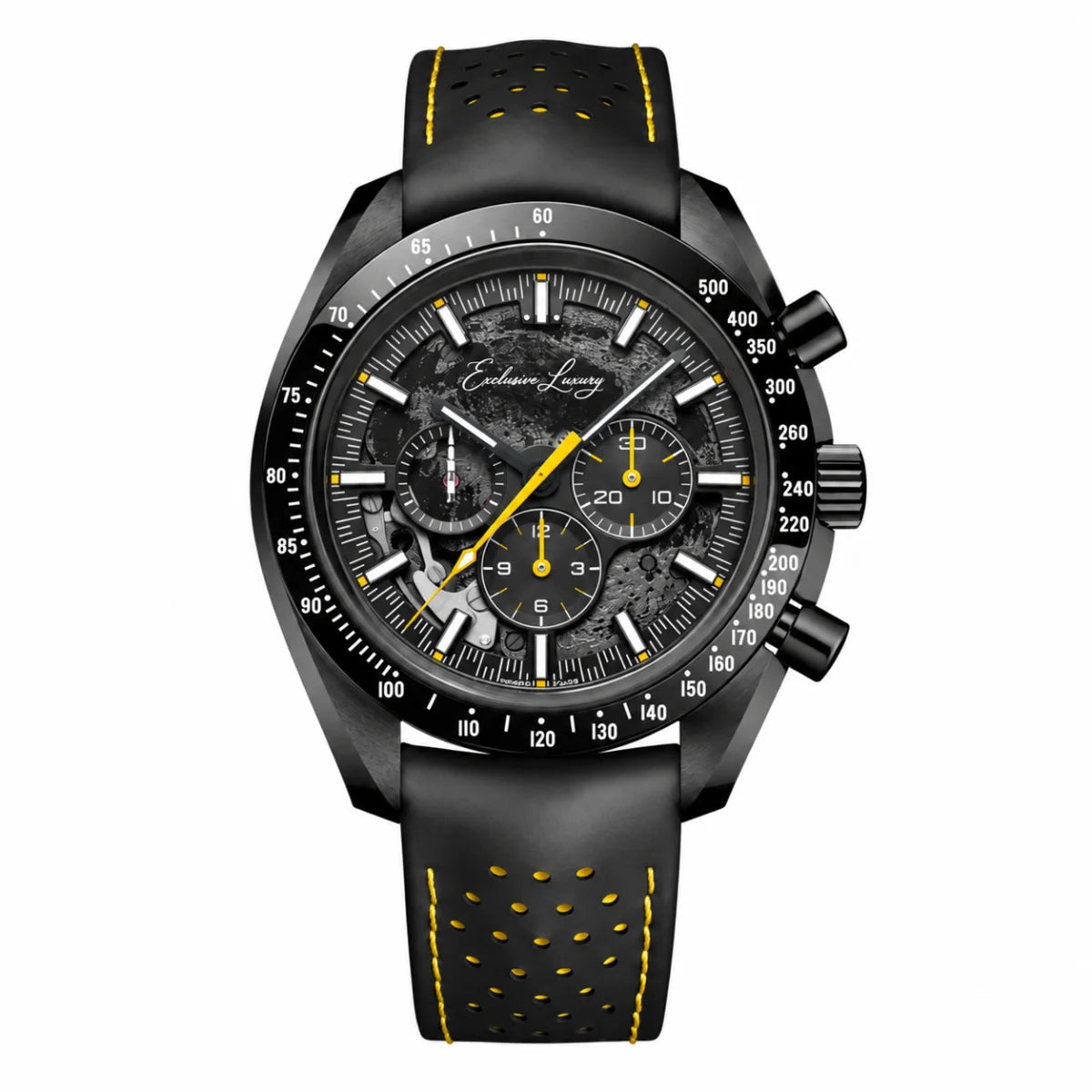Racing Chrono Pro 44 – Black Dial With Yellow Accents | Perforiertes Leather Strap — Exclusive Luxury